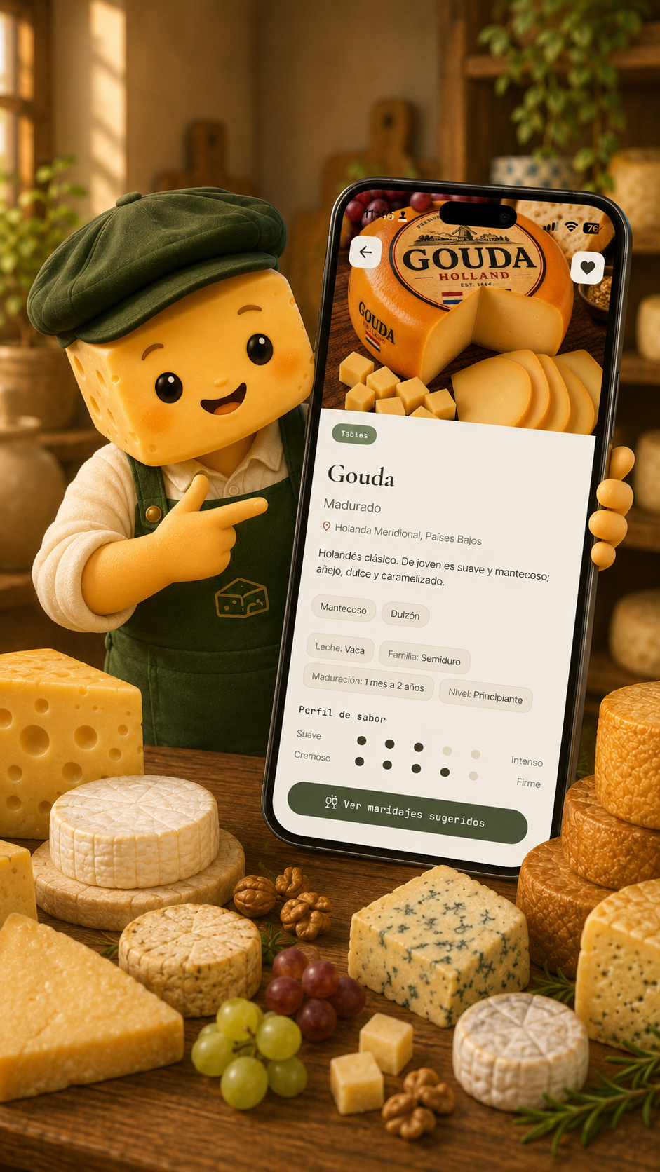Quesitos World mascot showing the app