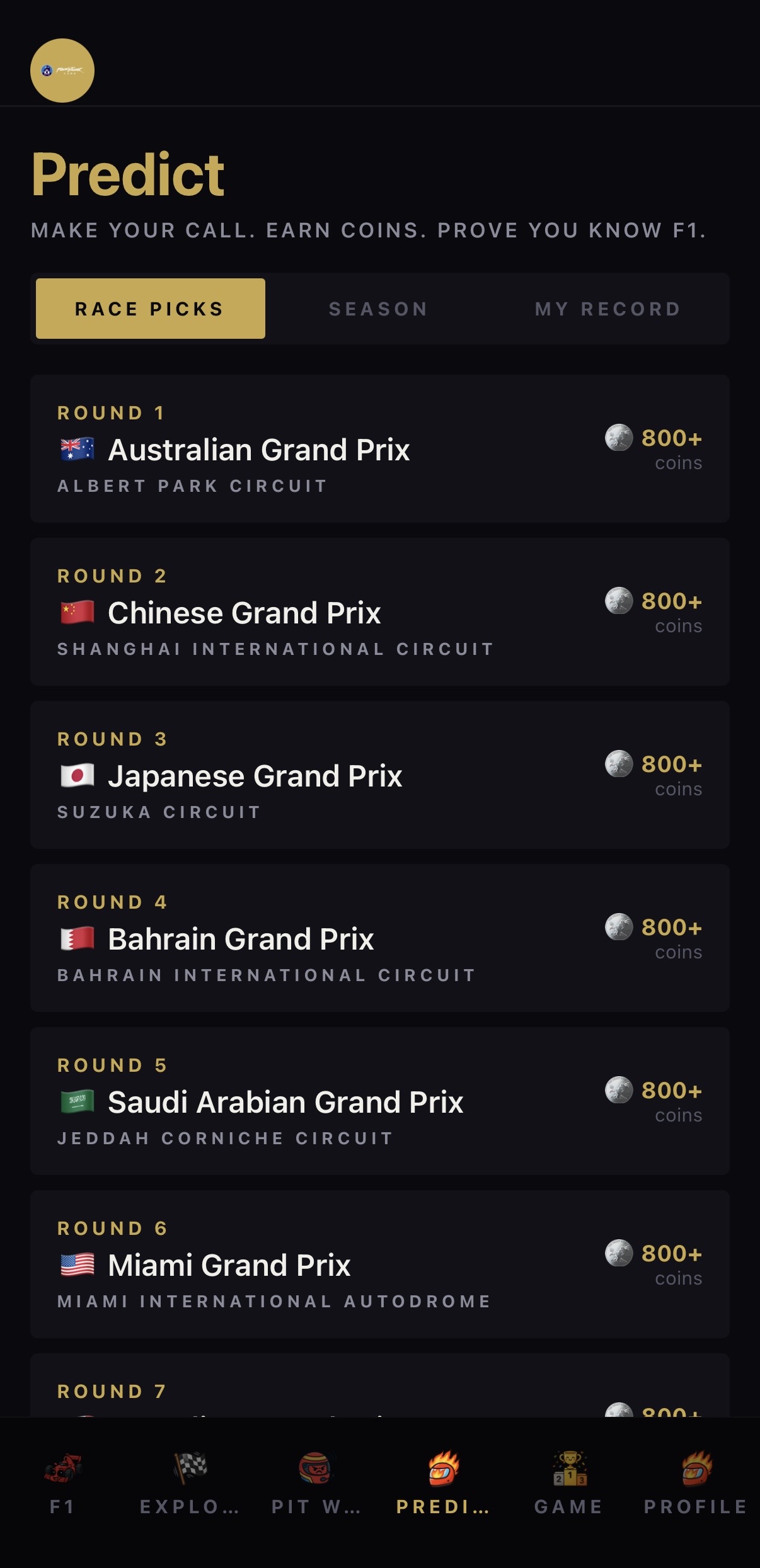 Pantalla de predicciones para podio, DNF y vuelta rápida
