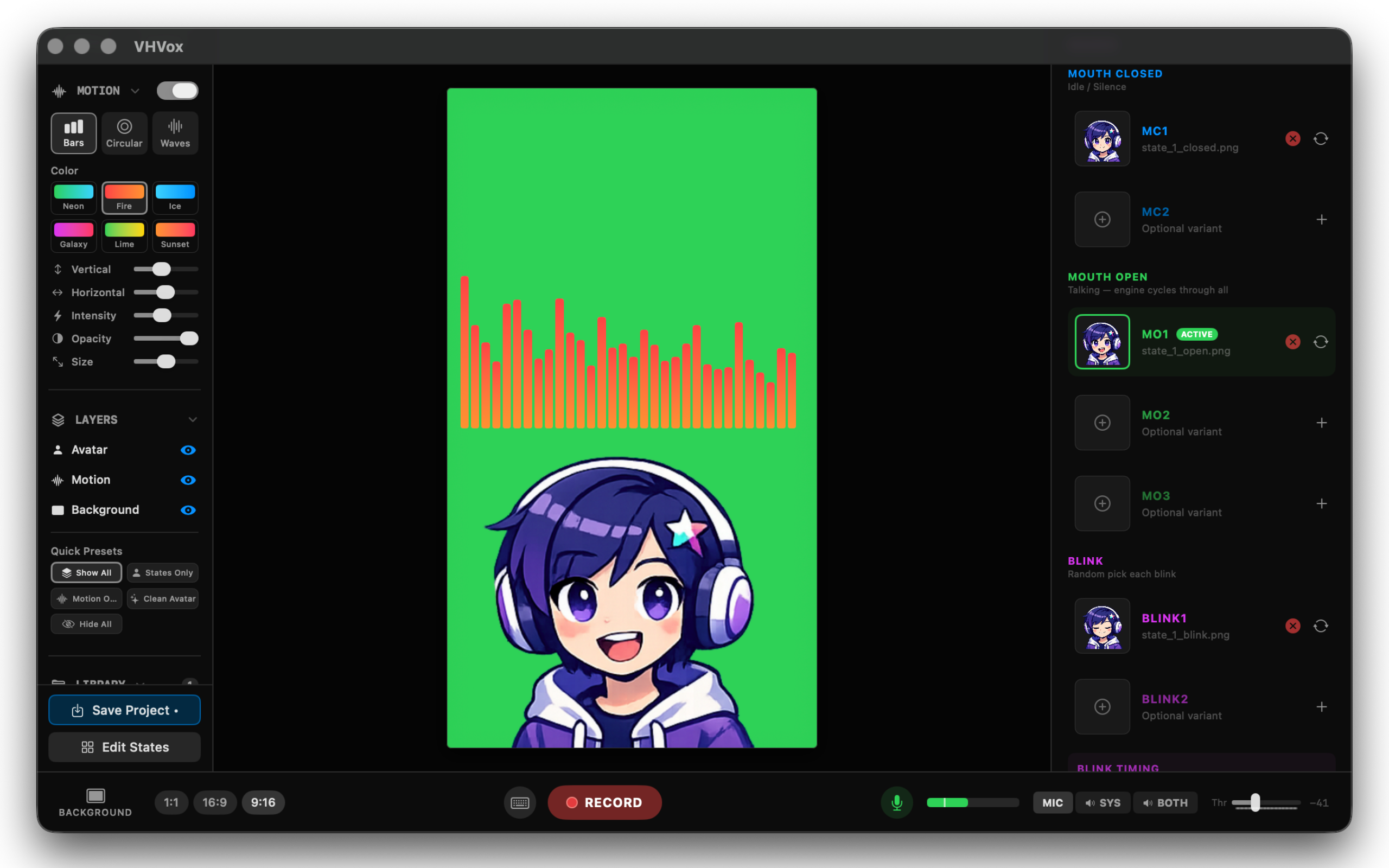 VHVox PNGTuber 录制应用界面