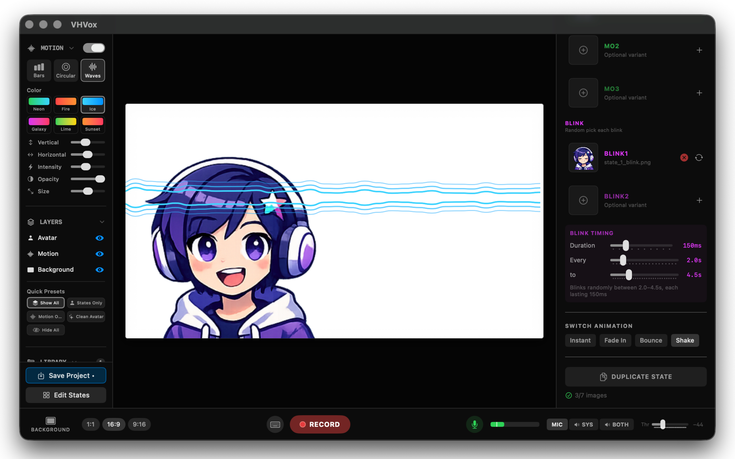 VHVox modo horizontal 16:9 con visualizador Waves